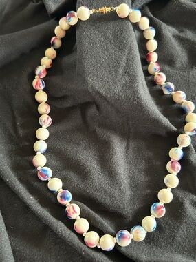 Handmade Cream Bead Necklace with Red & Blue Accents
